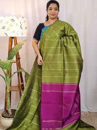 Semi Raw Silk -  Green with Magenga Pink