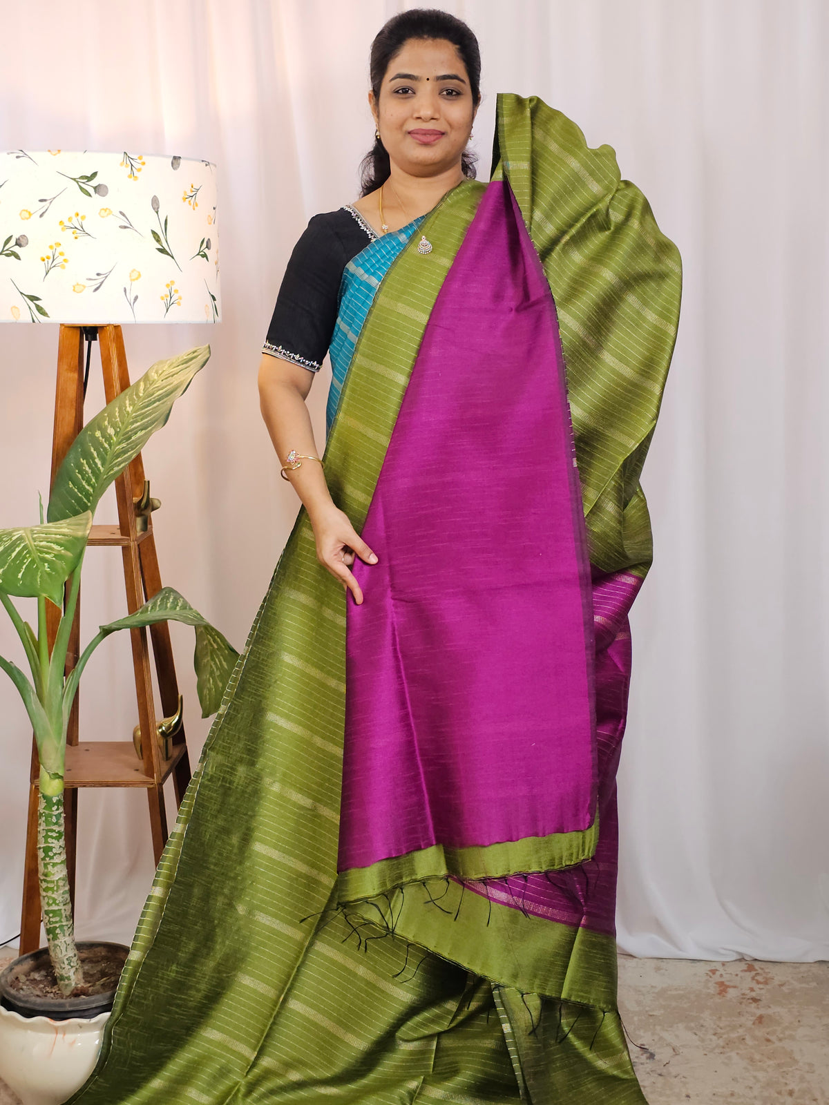 Semi Raw Silk -  Green with Magenga Pink