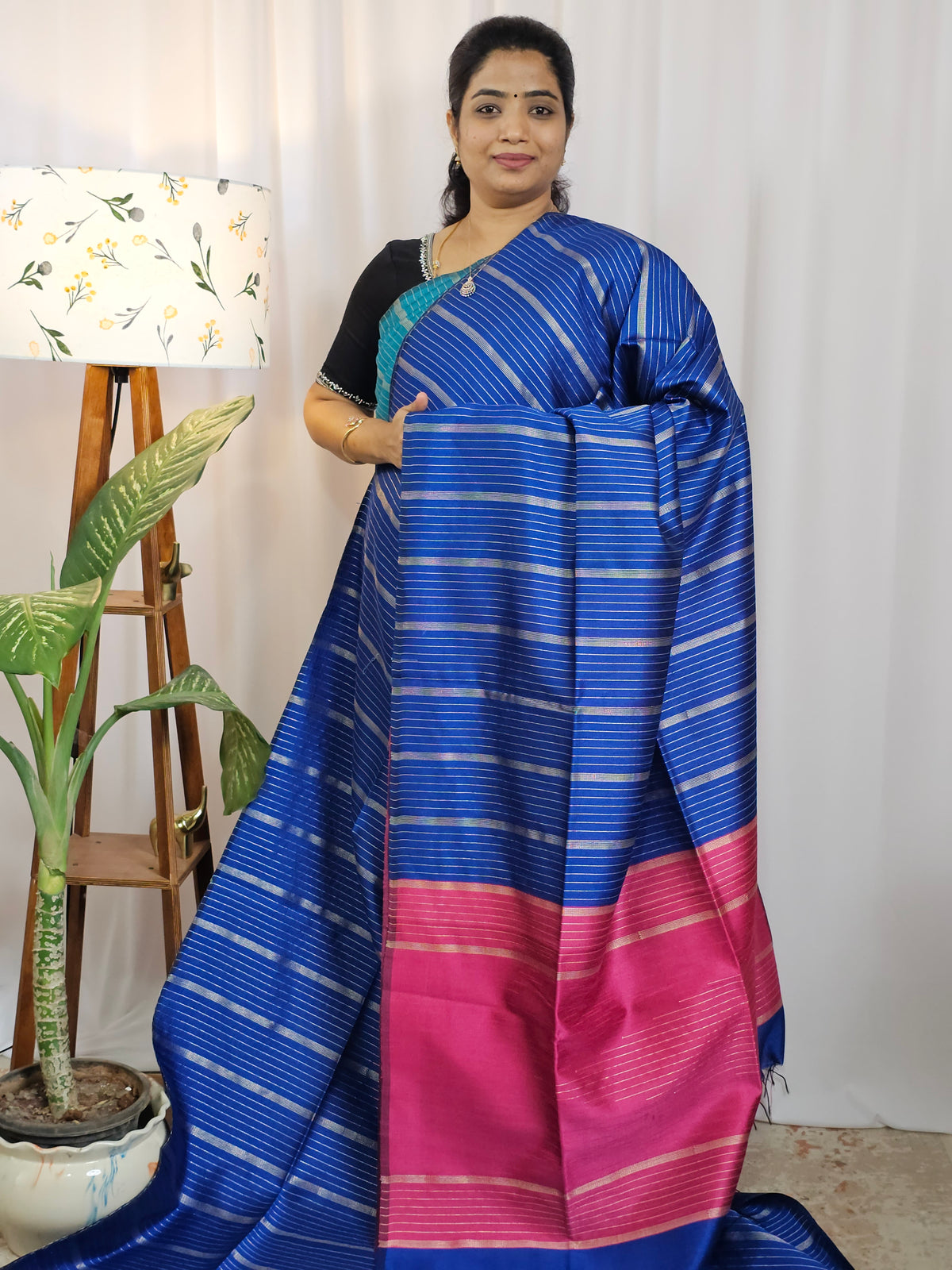 Semi Raw Silk -  Blue with Pink