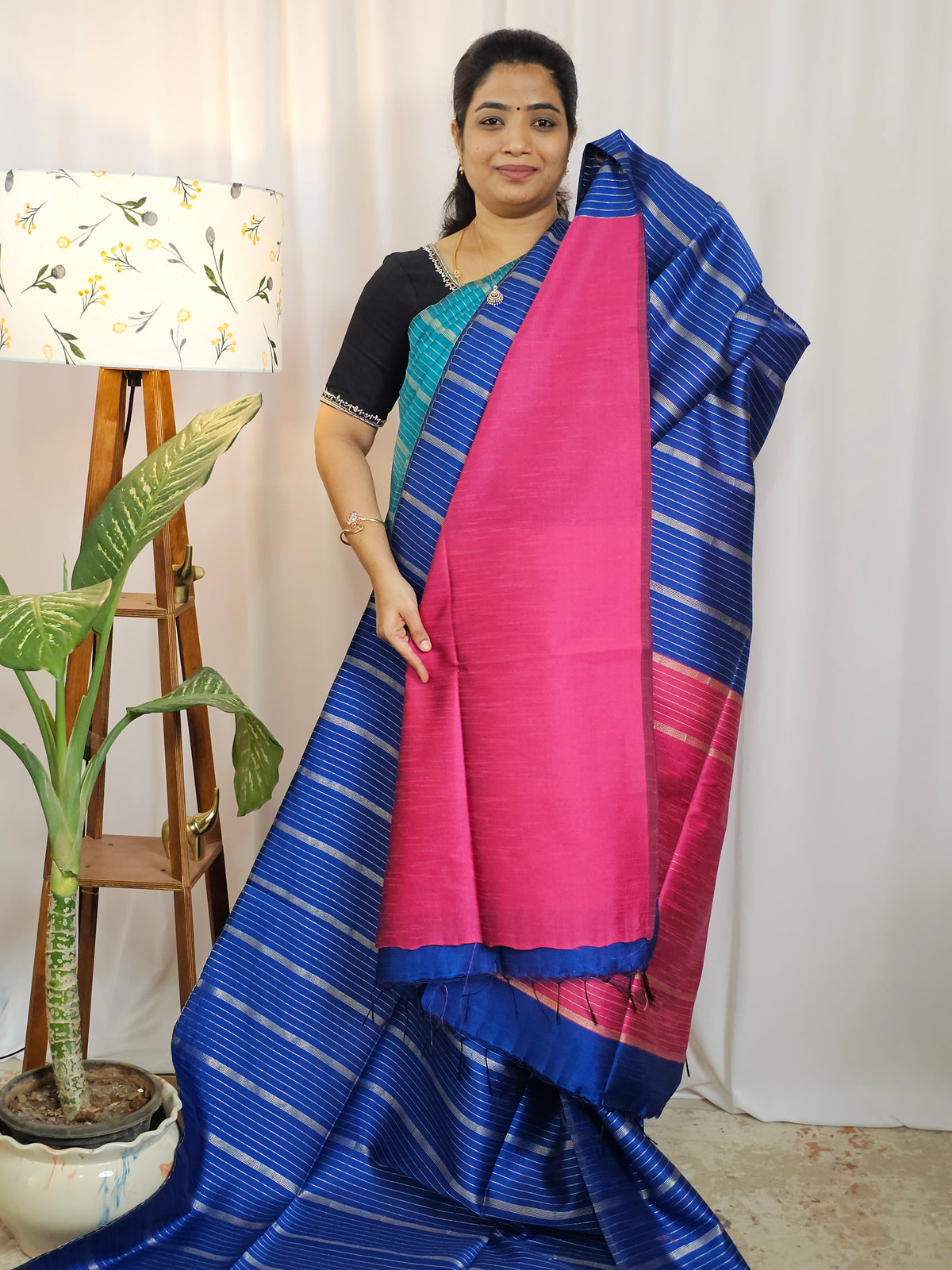 Semi Raw Silk -  Blue with Pink