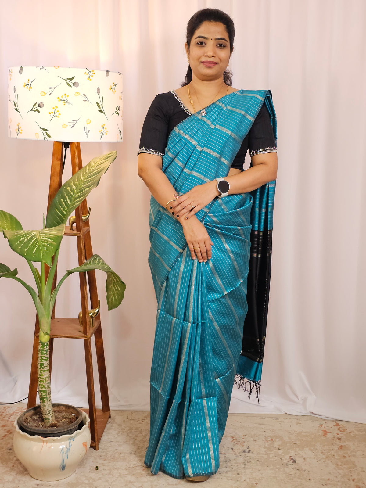 Semi Raw Silk - Blue with Black