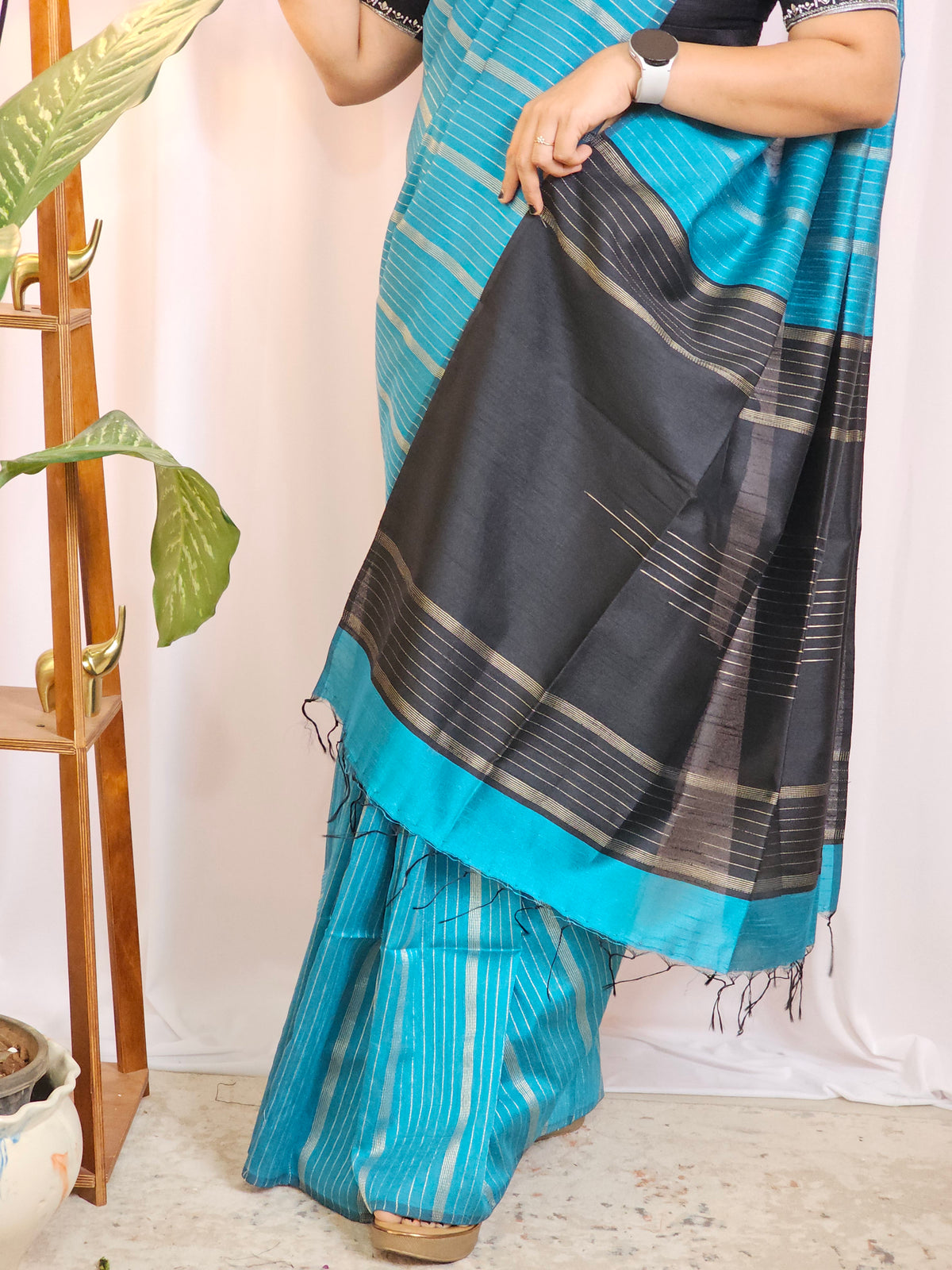 Semi Raw Silk - Blue with Black