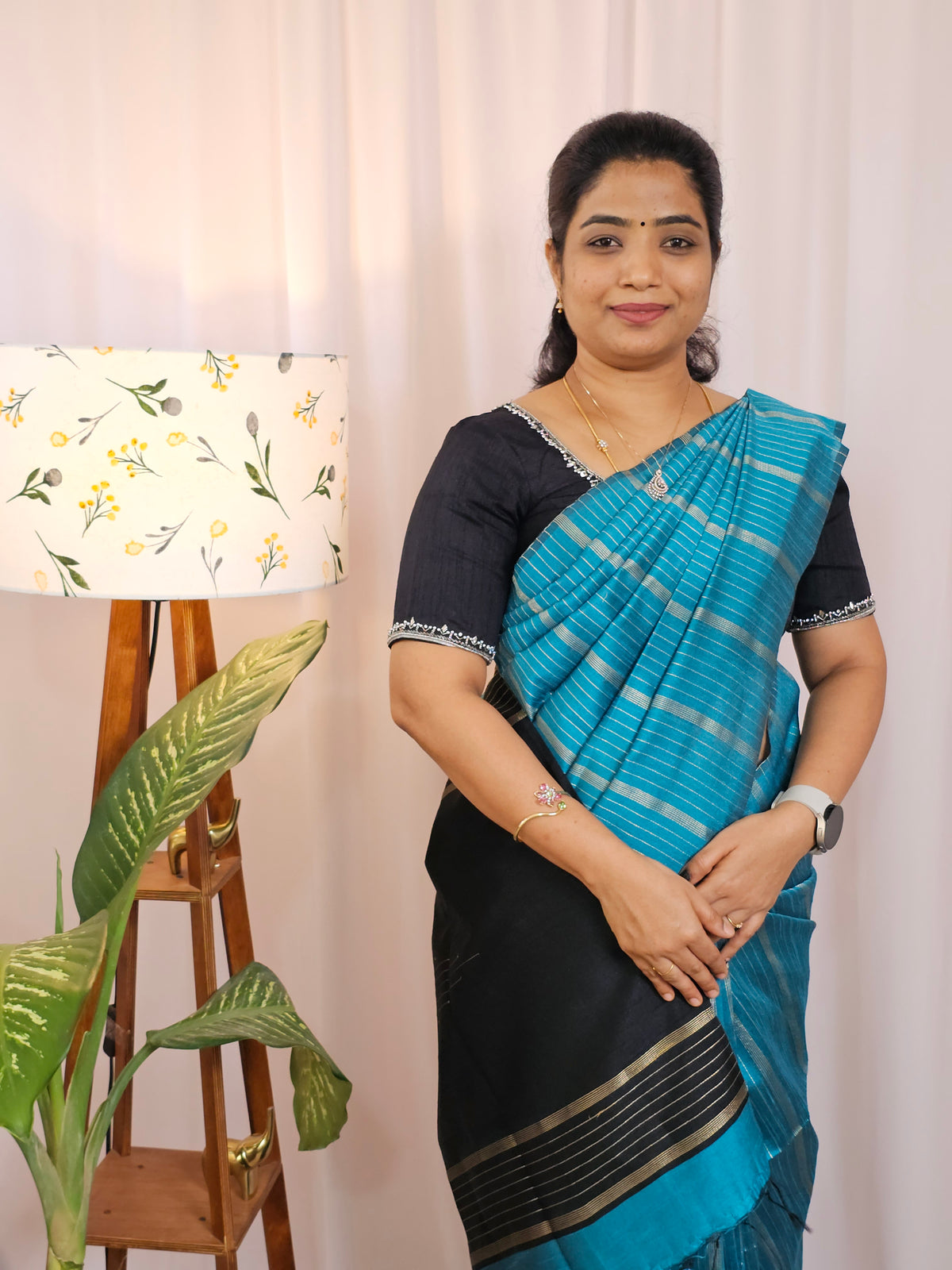 Semi Raw Silk - Blue with Black