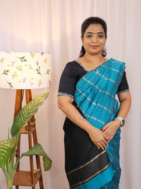 Semi Raw Silk - Blue with Black