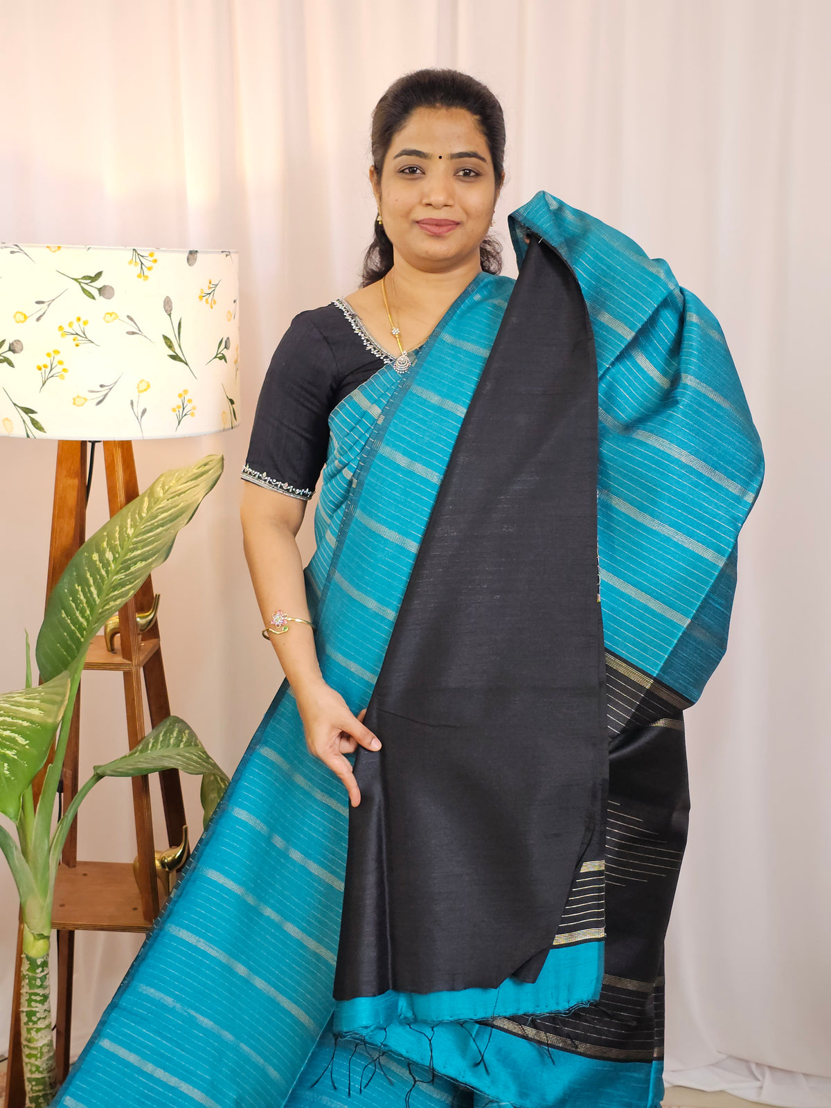 Semi Raw Silk -  Blue with Black