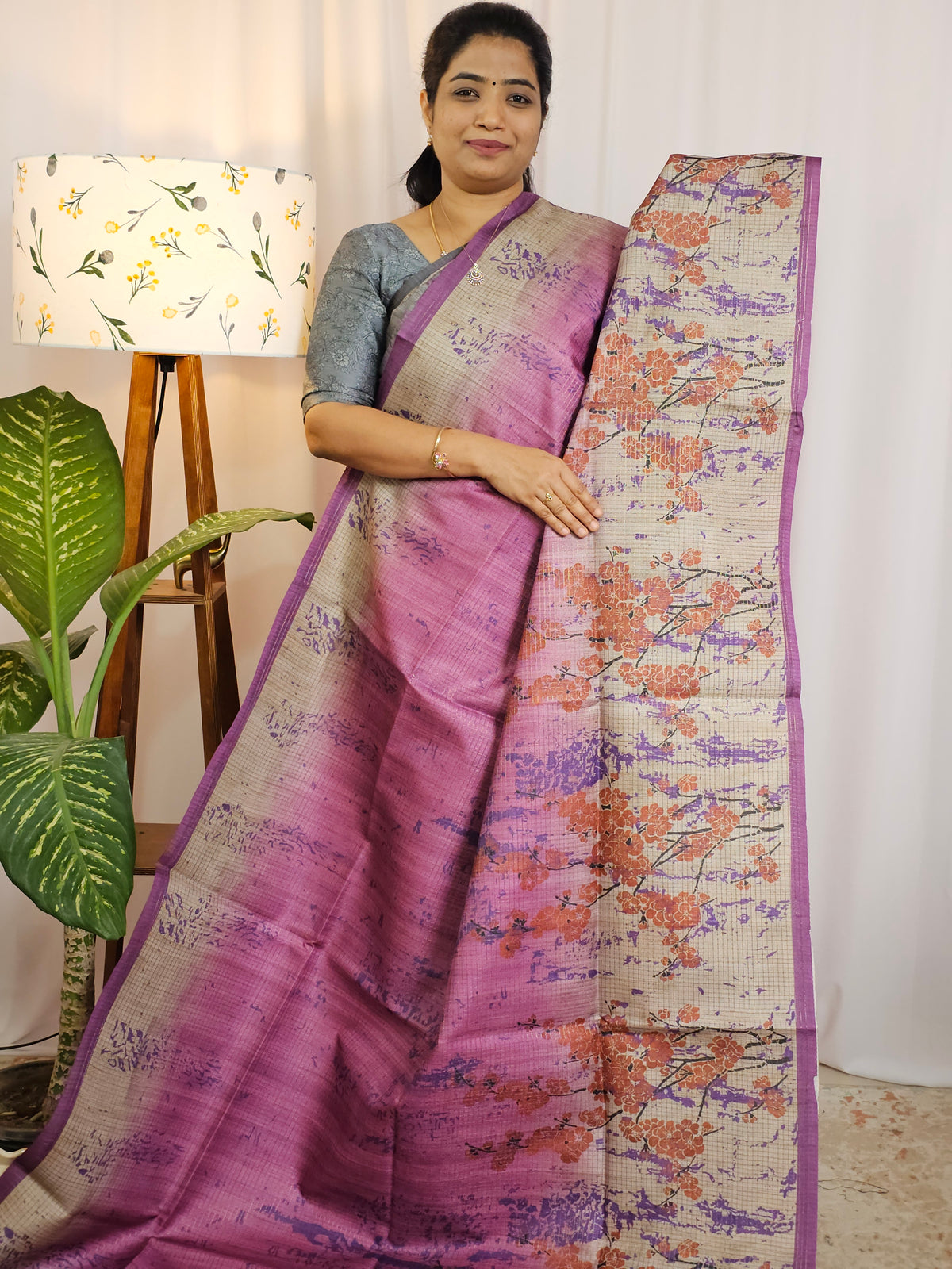 Casual Semi Tussar Checks Weave Saree - Purple