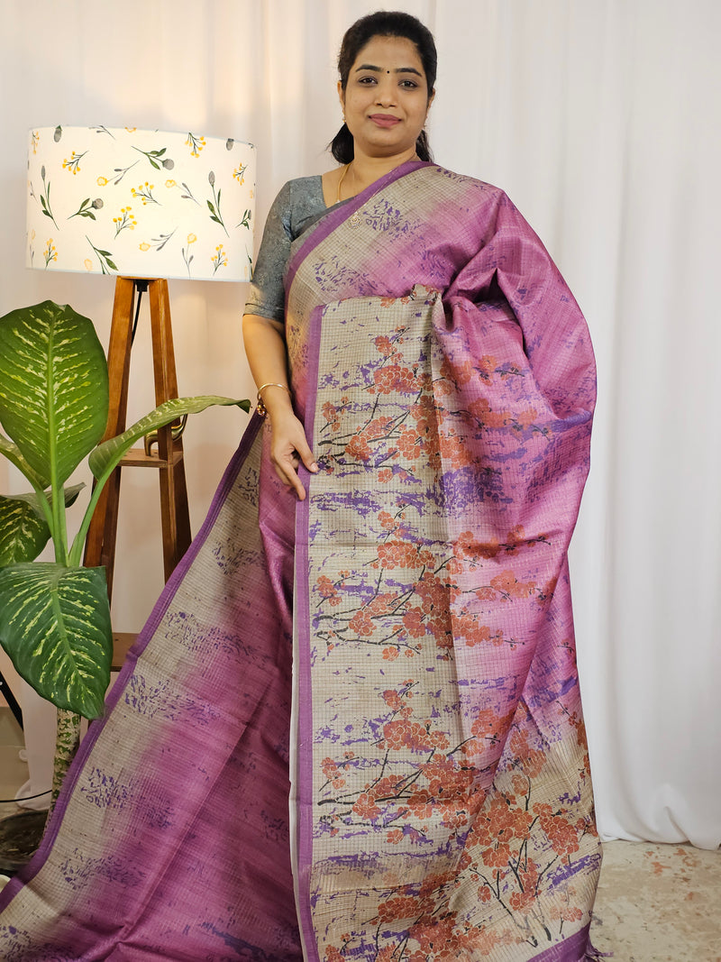 Casual Semi Tussar Checks Weave Saree - Purple