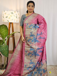 Casual Semi Tussar Checks Weave Saree - Pink