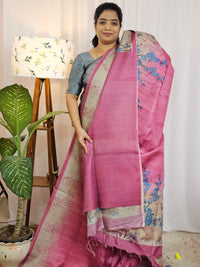 Casual Semi Tussar Checks Weave Saree - Pink
