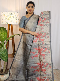 Casual Semi Tussar Checks Weave Saree - Grey