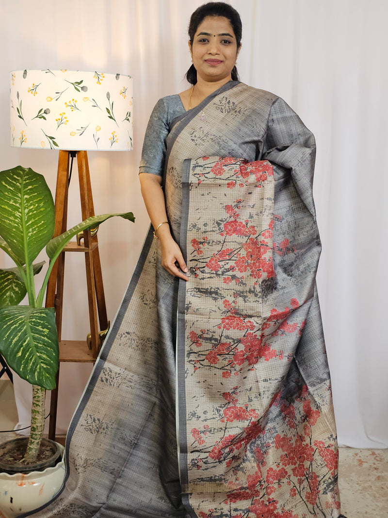 Casual Semi Tussar Checks Weave Saree - Grey