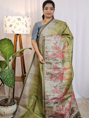 Casual Semi Tussar Checks Weave Saree - Green