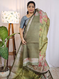 Casual Semi Tussar Checks Weave Saree - Green