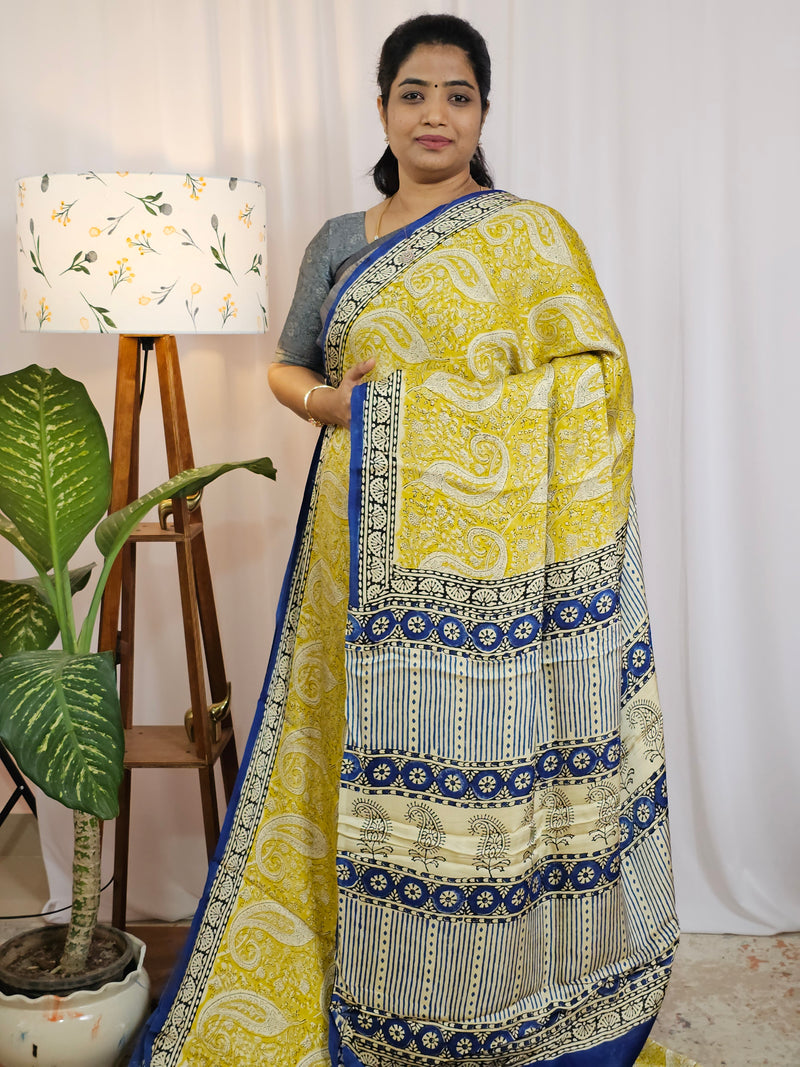 Modal Silk with Ajrak Prints - Yellow with Blue