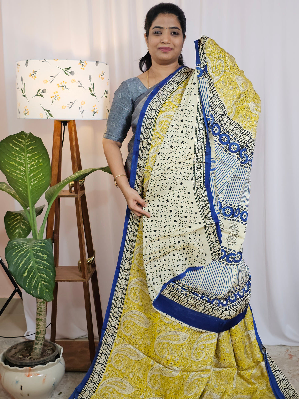 Modal Silk with Ajrak Prints - Yellow with Blue