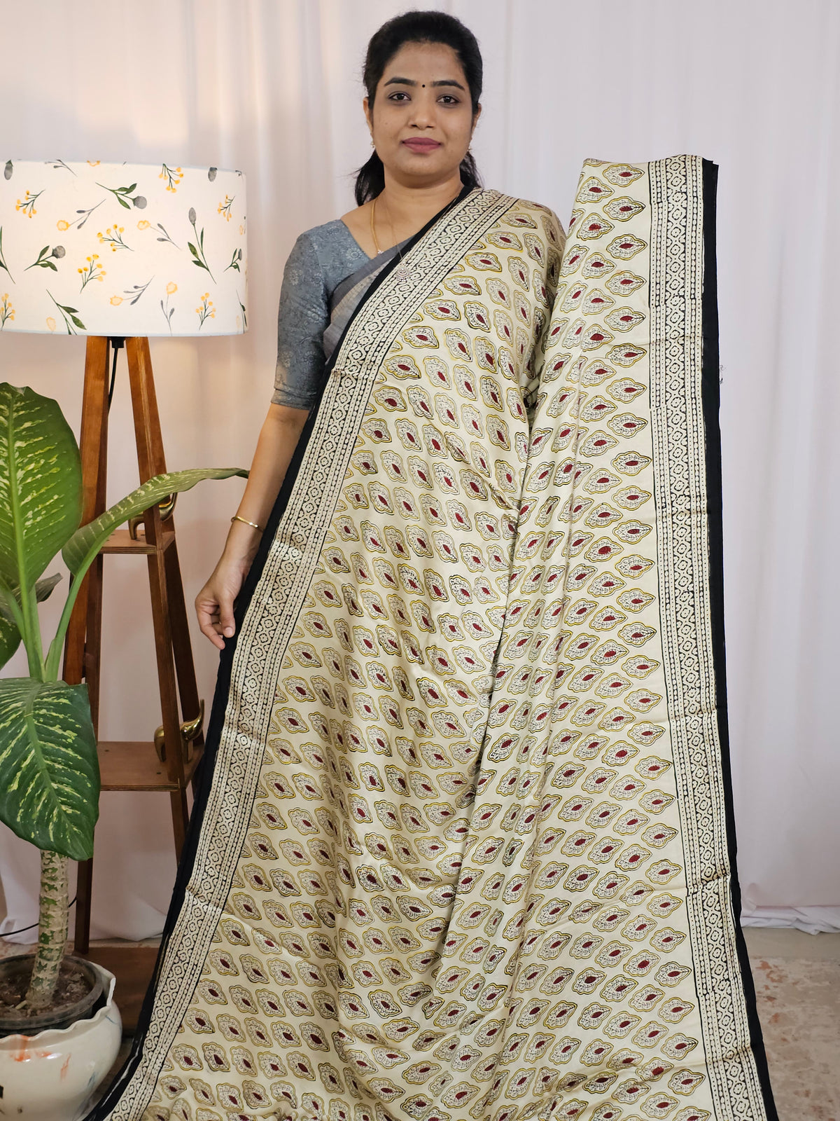 Modal Silk with Ajark Prints - Cream