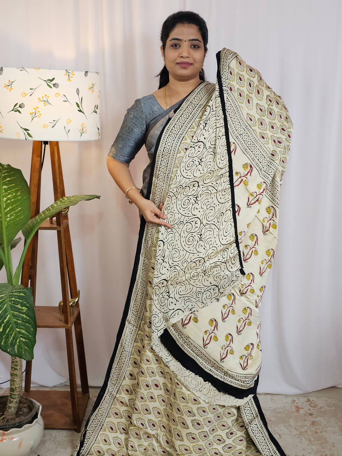 Modal Silk with Ajark Prints - Cream