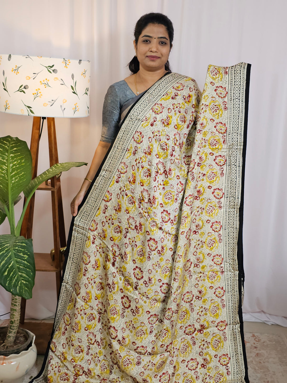 Modal Silk with Ajrak Prints - Cream with Yellow