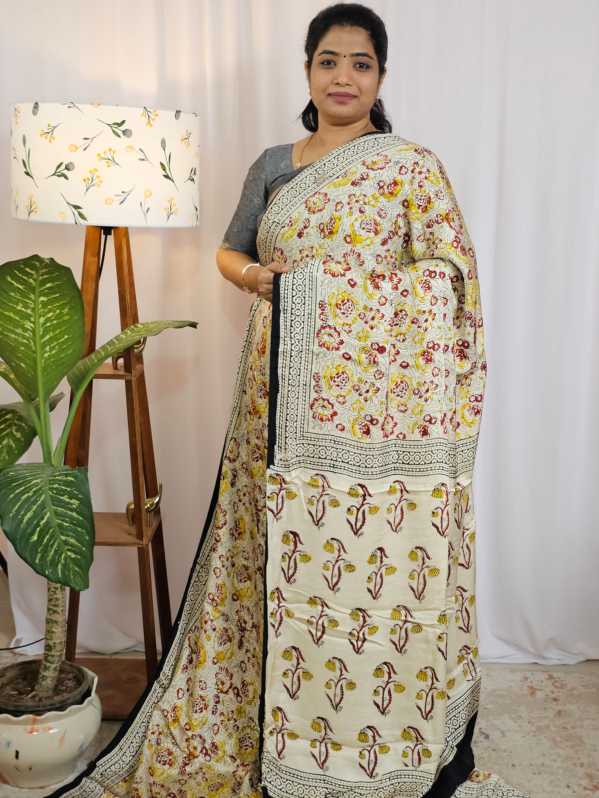 Modal Silk with Ajrak Prints - Cream with Yellow