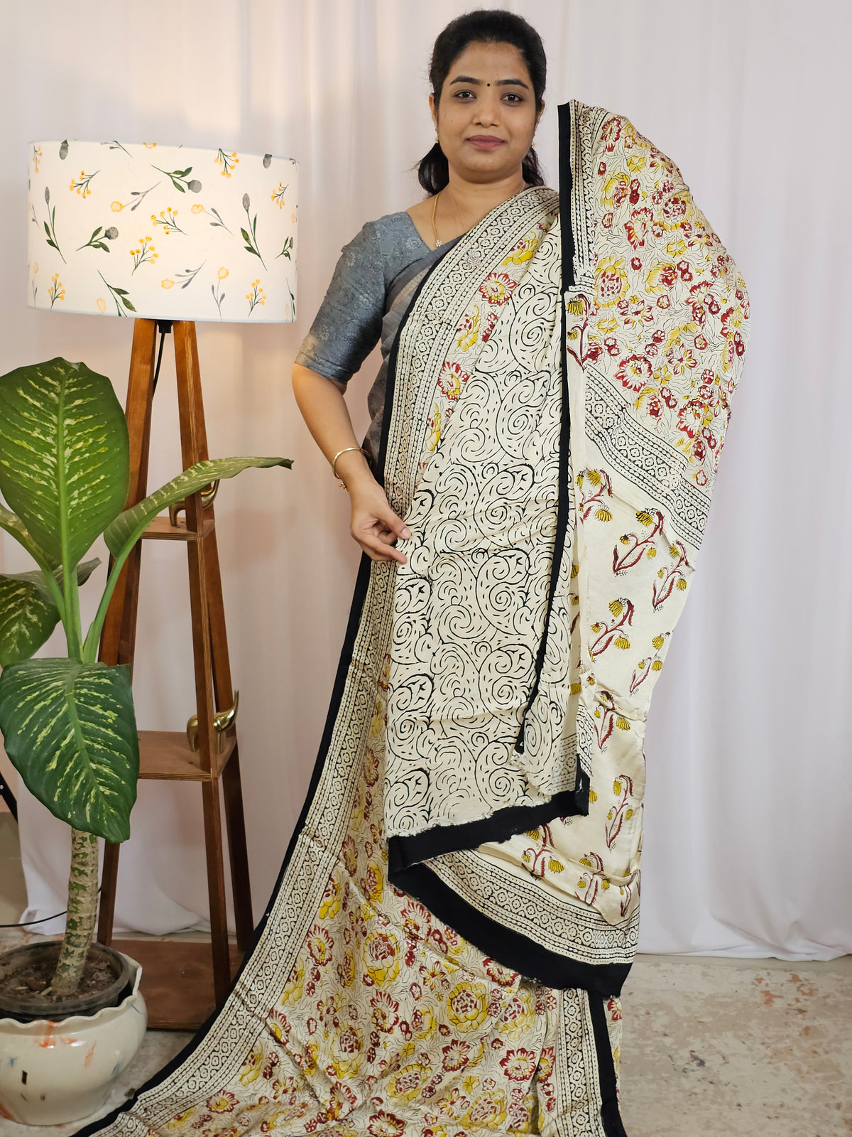Modal Silk with Ajrak Prints - Cream with Yellow