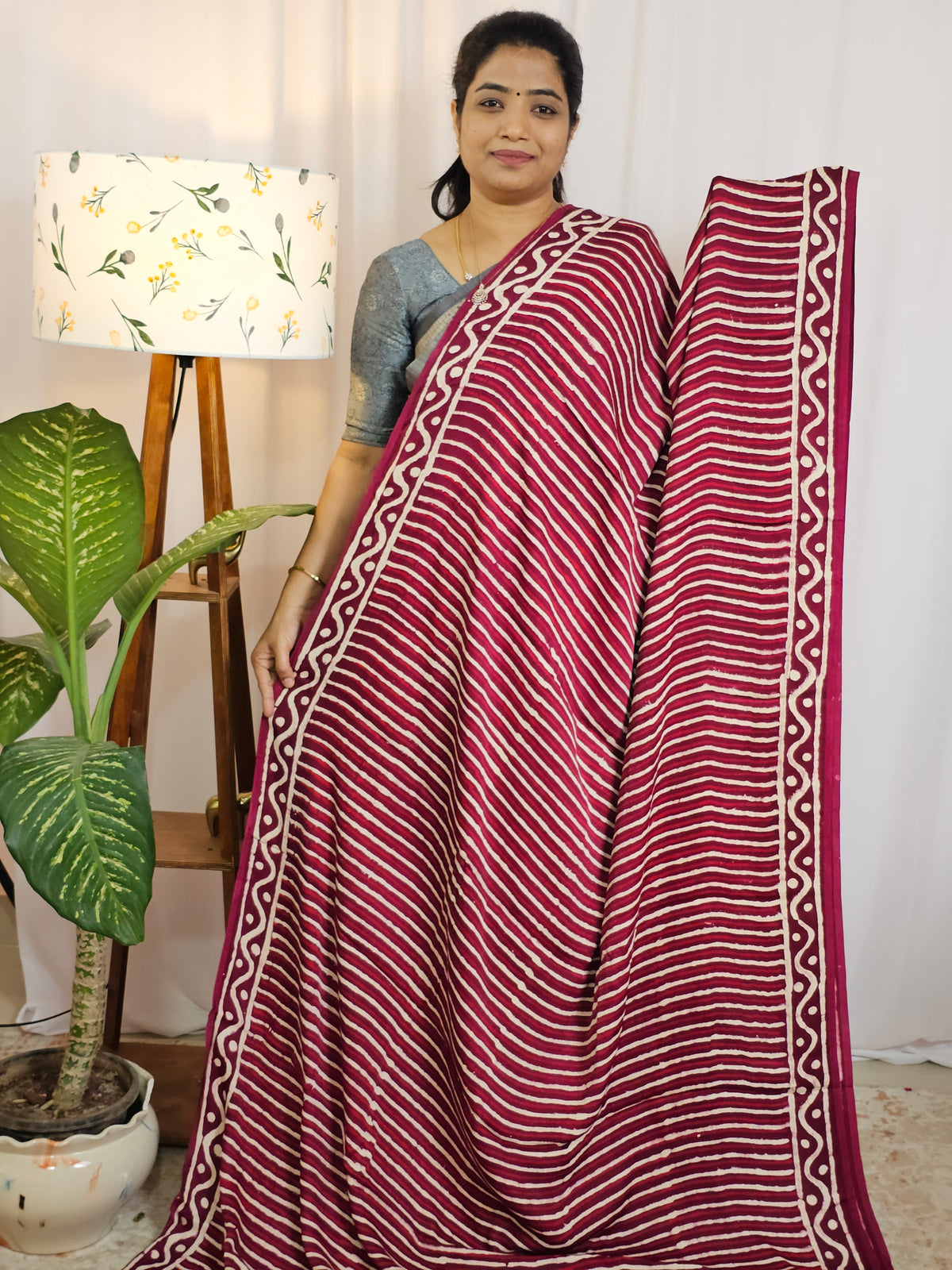 Modal Silk with Ajrak Prints - Maroon with Red