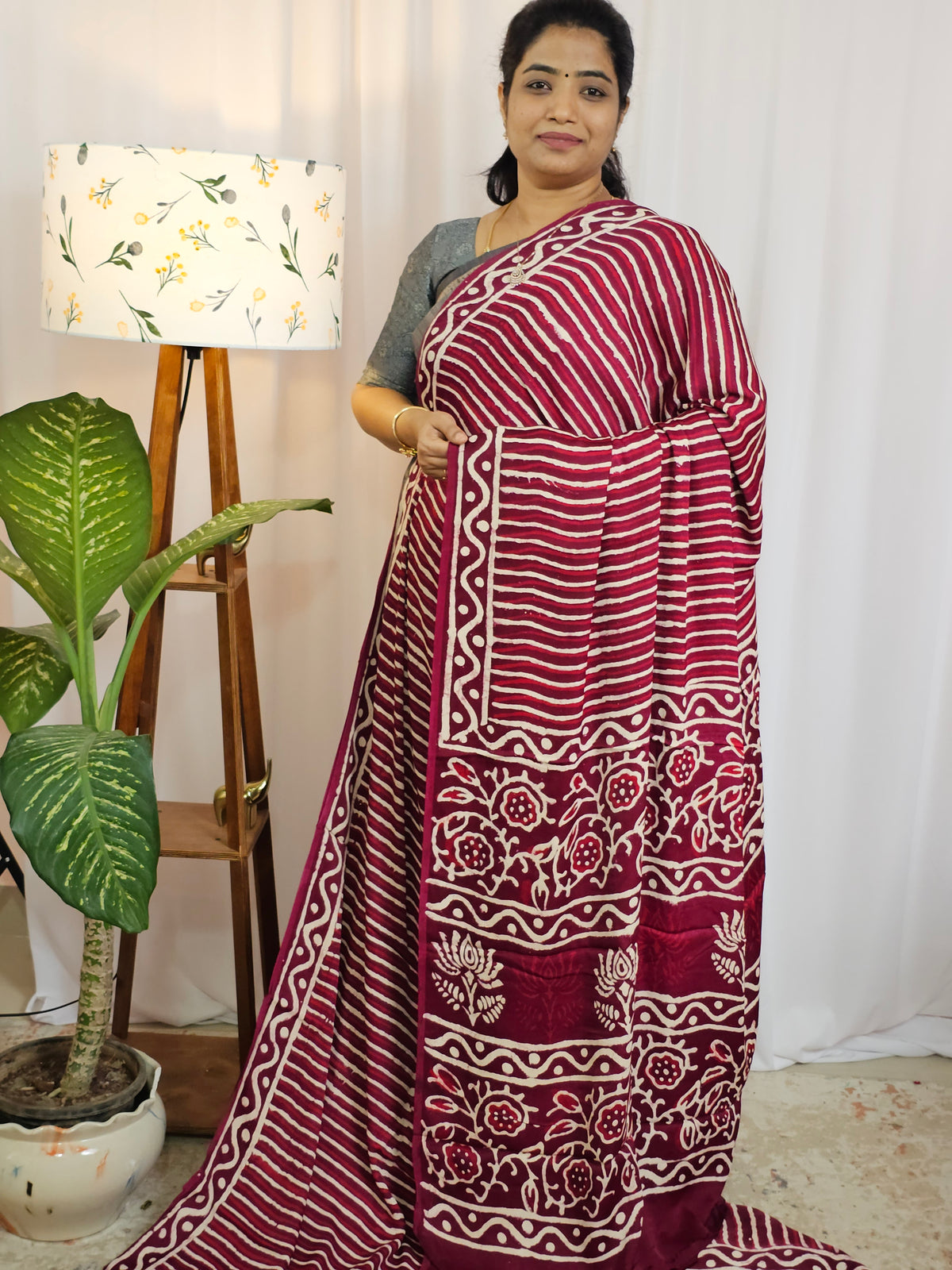Modal Silk with Ajrak Prints - Maroon with Red