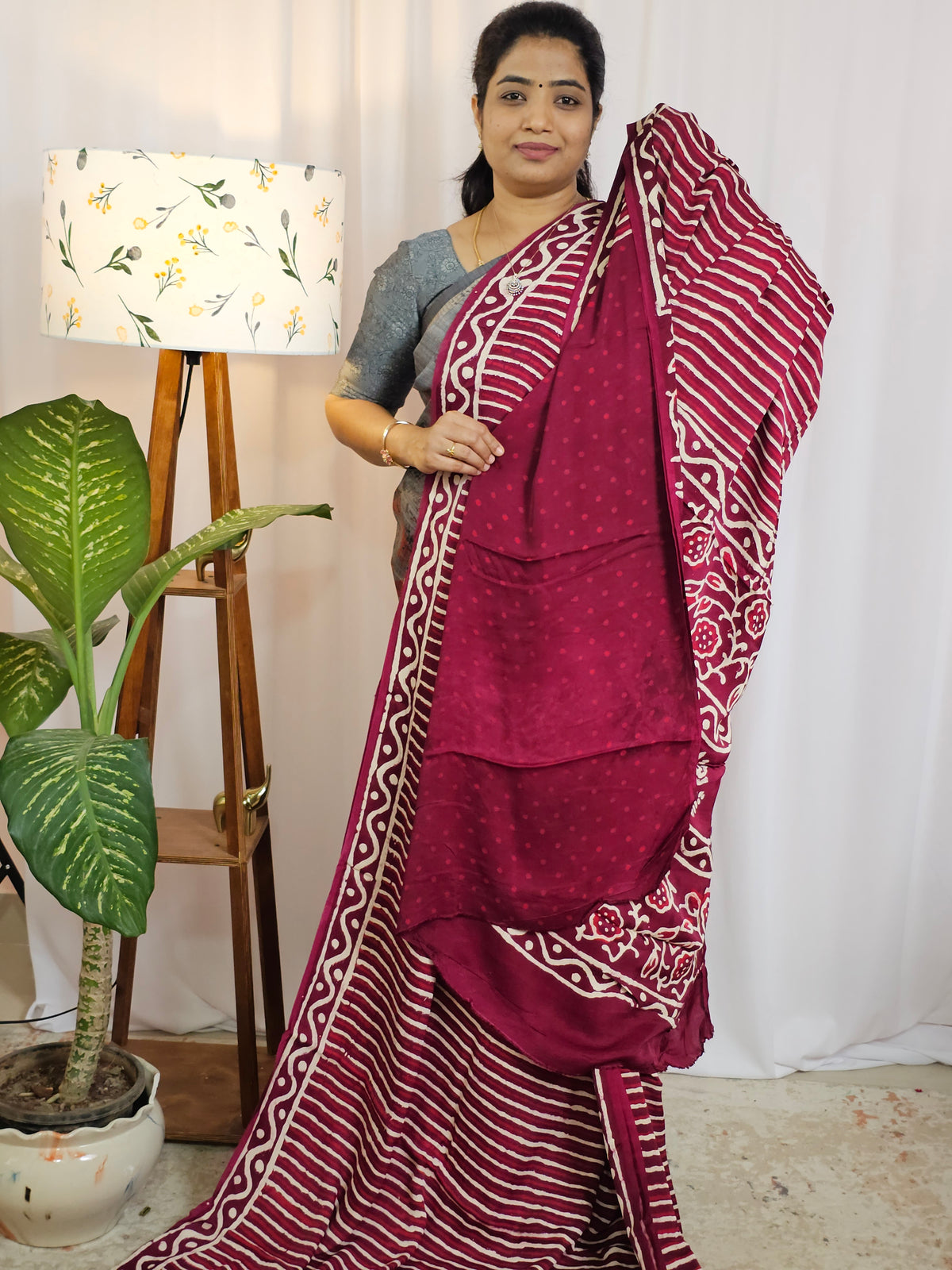 Modal Silk with Ajrak Prints - Maroon with Red