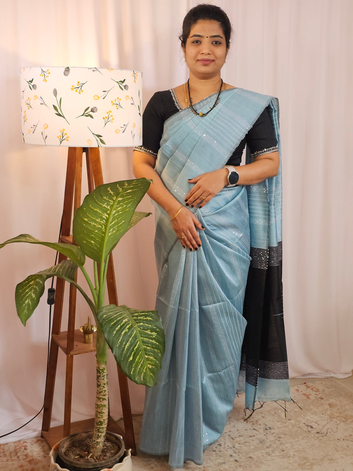 Semi Raw Silk Saree - Blue with Black