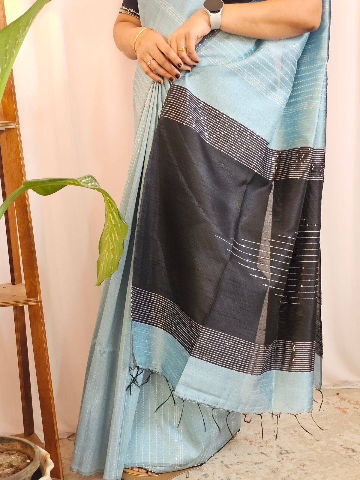 Semi Raw Silk Saree - Blue with Black