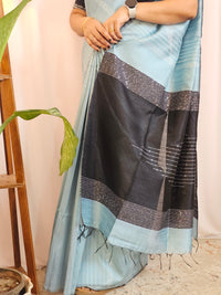 Semi Raw Silk Saree - Blue with Black