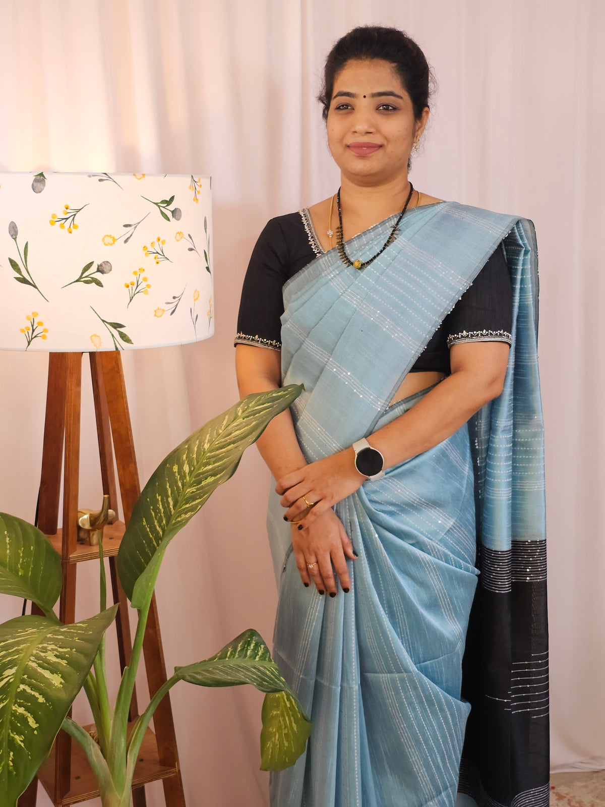 Semi Raw Silk Saree - Blue with Black