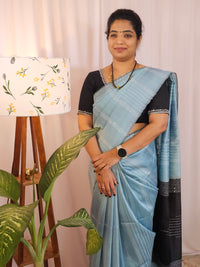 Semi Raw Silk Saree - Blue with Black