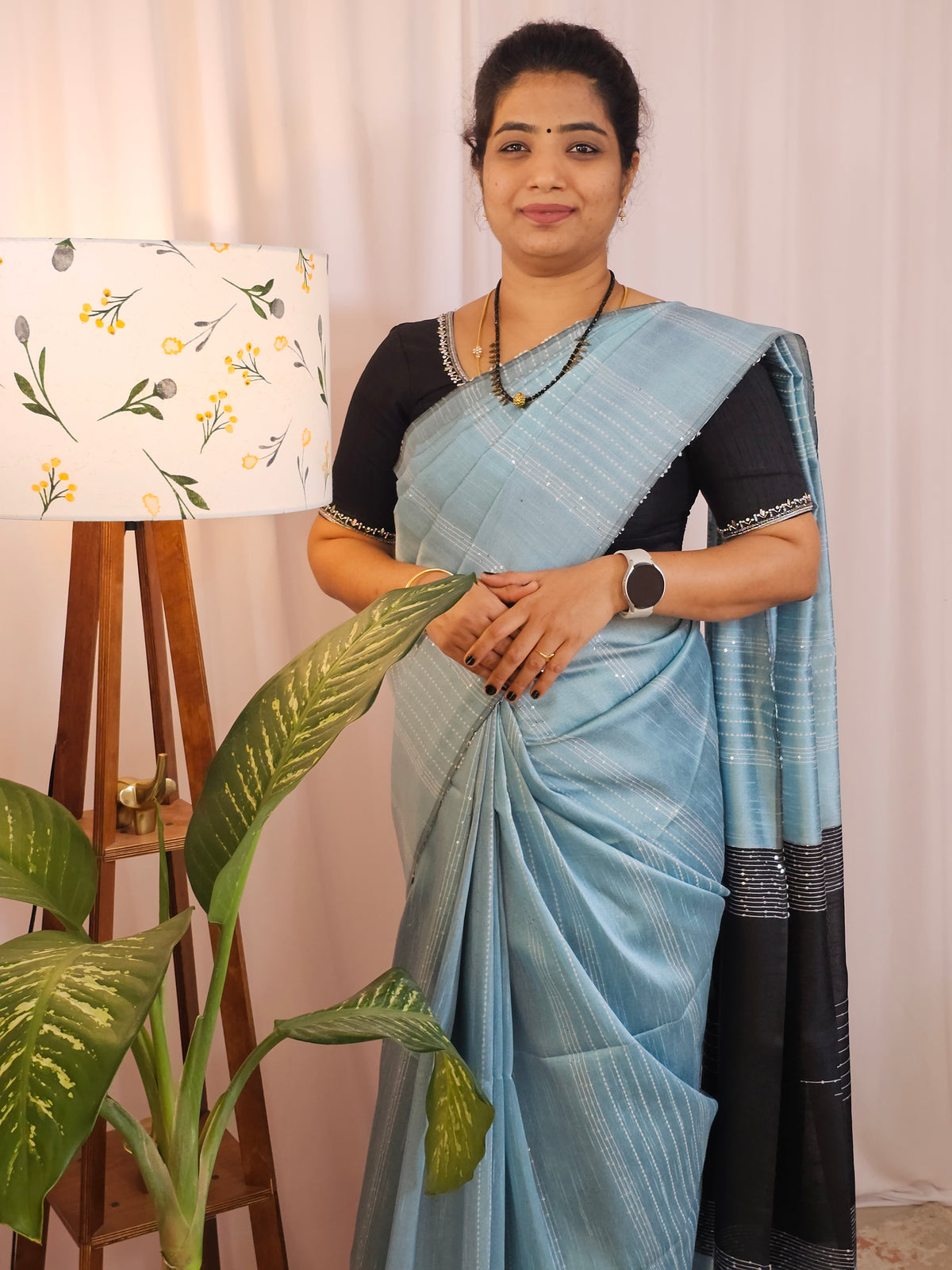 Semi Raw Silk Saree - Blue with Black