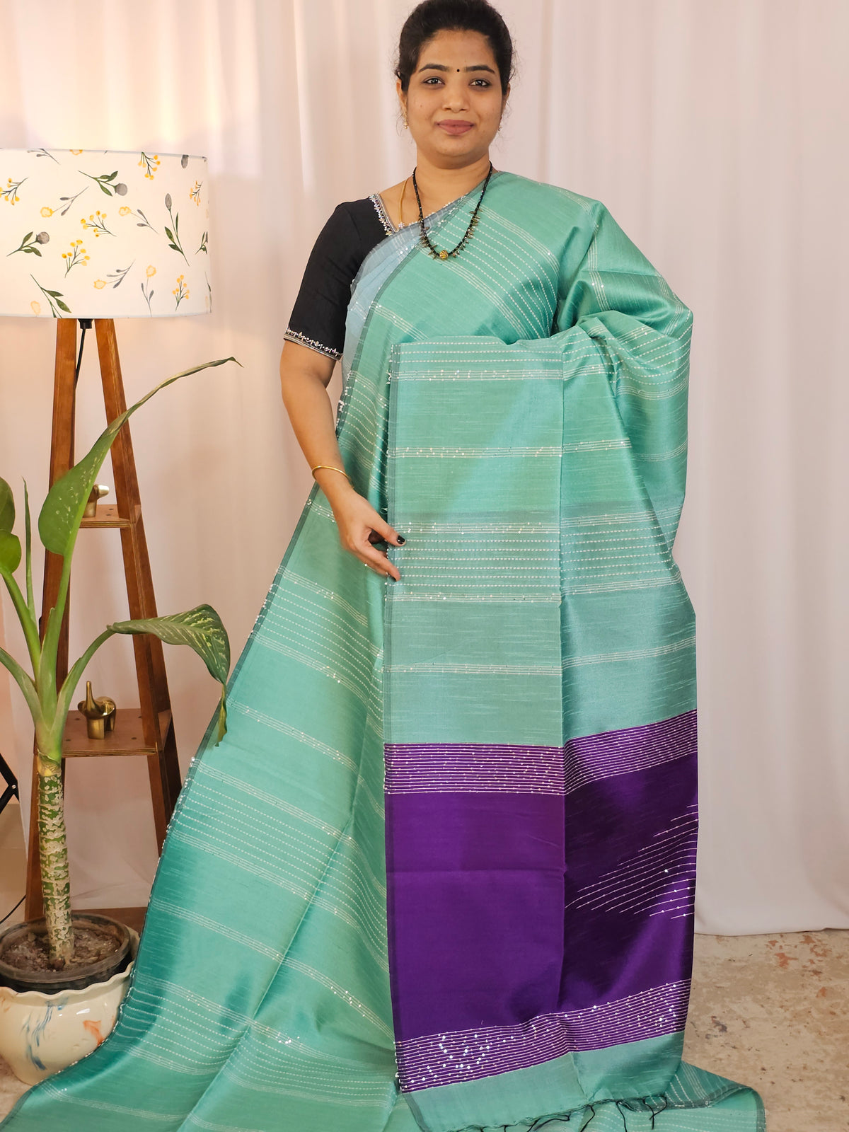 Raw Silk Saree - Teel Green with Purple