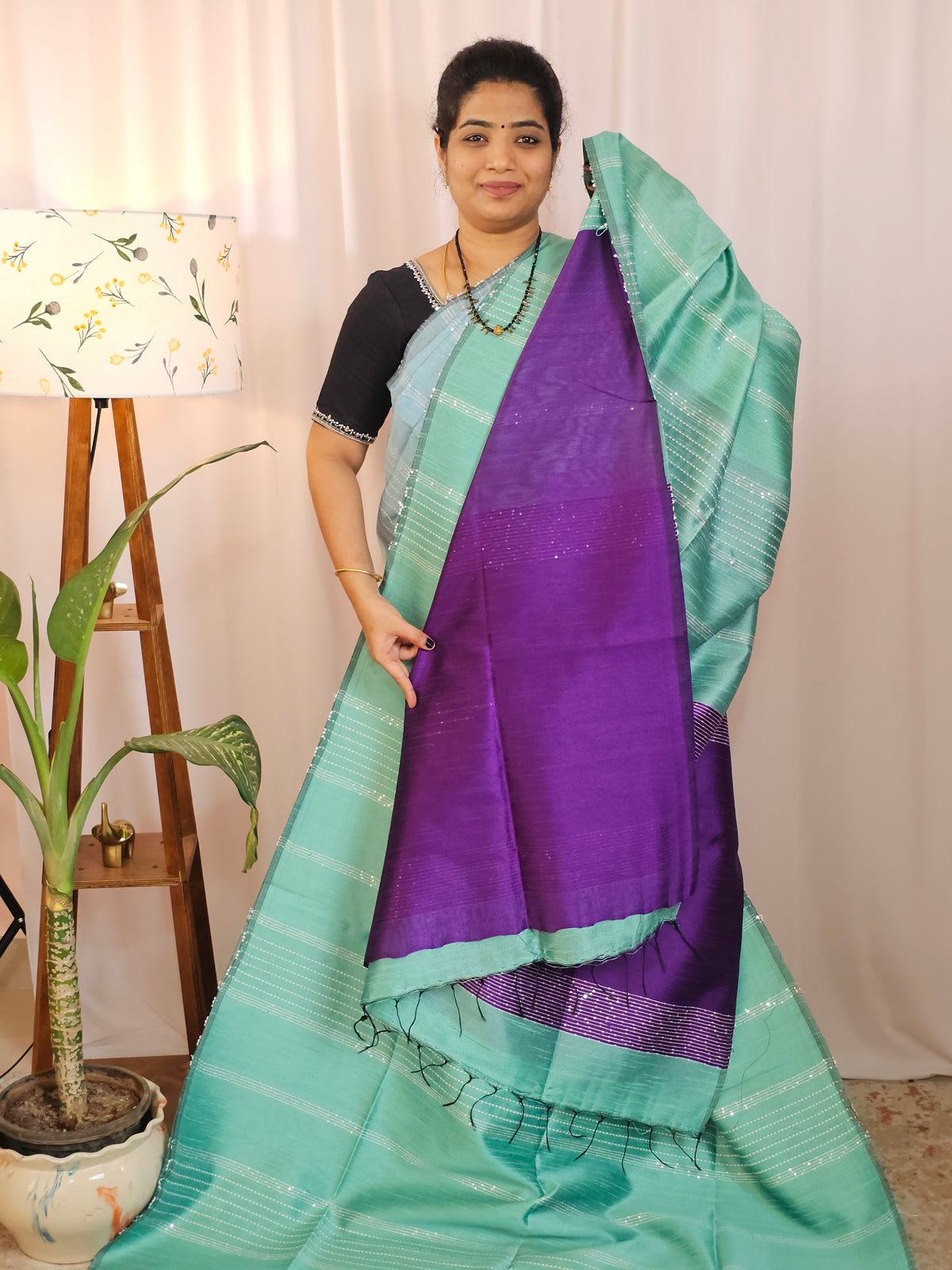 Raw Silk Saree - Teel Green with Purple