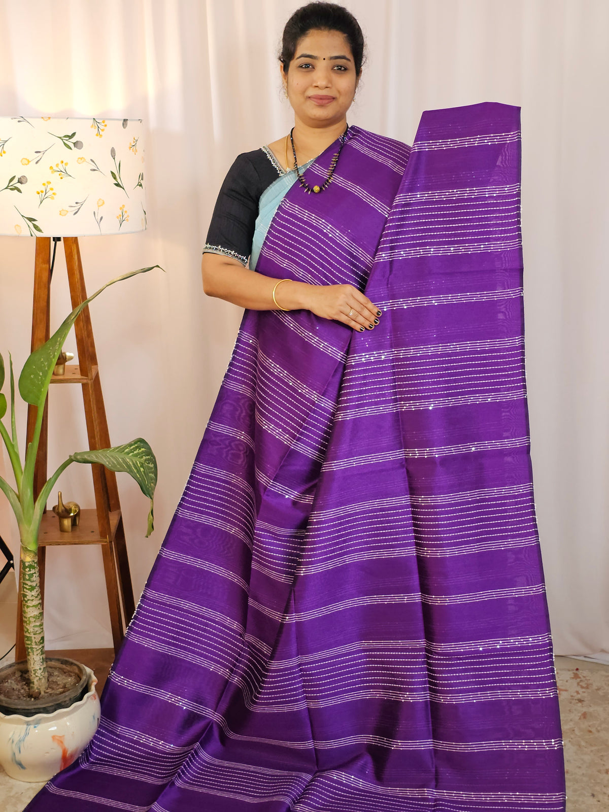 Raw Silk Saree - Purple with Pink