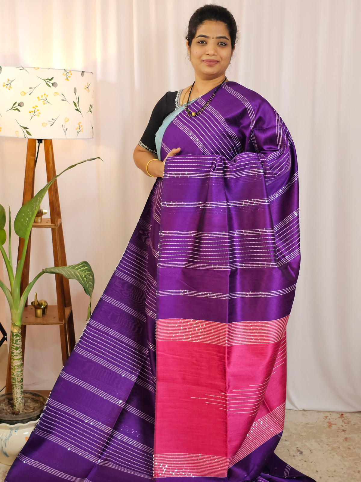 Raw Silk Saree - Purple with Pink