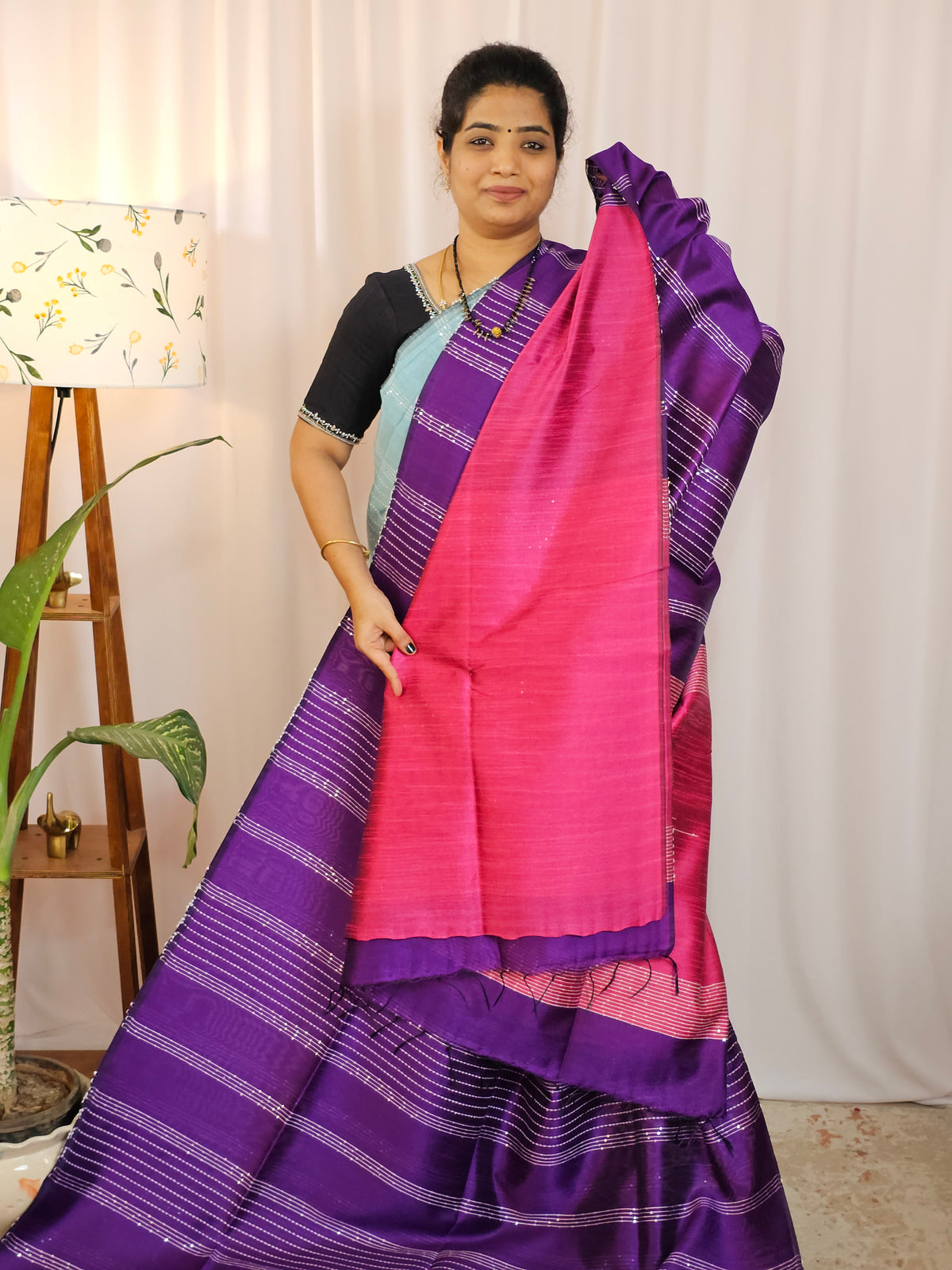 Raw Silk Saree - Purple with Pink