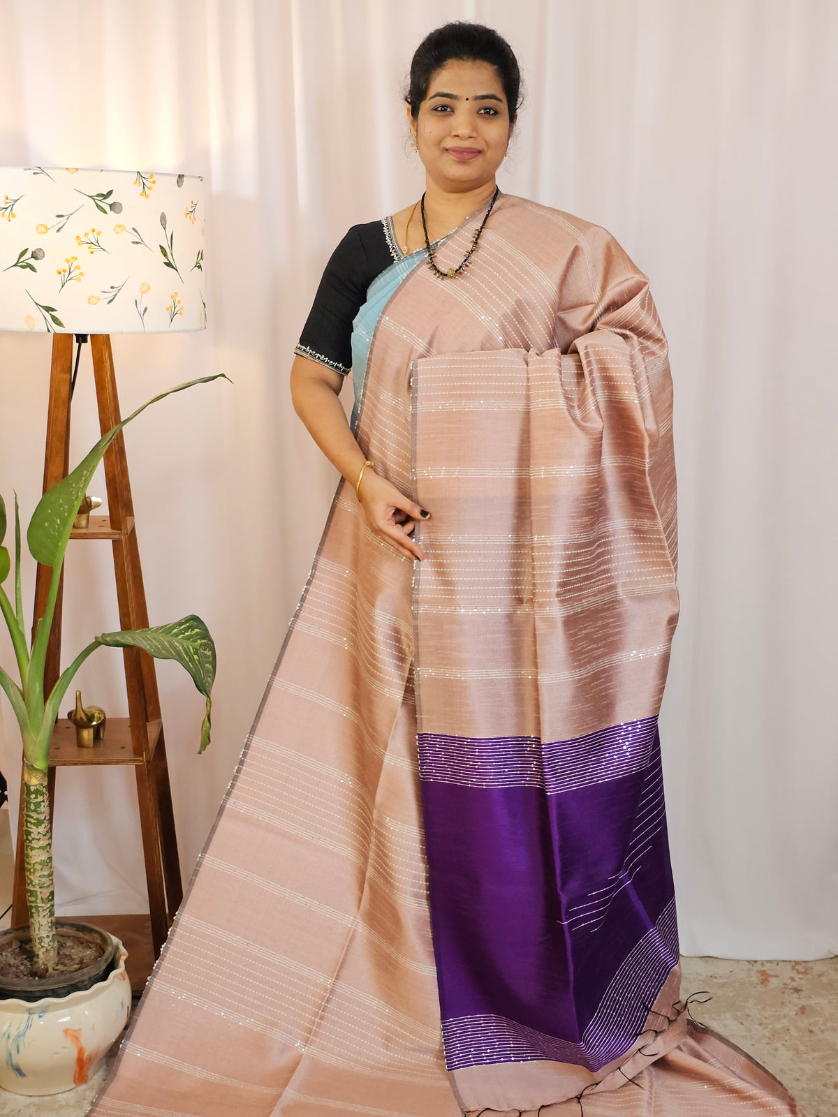 Raw Silk Saree - Onion Pink with Purple