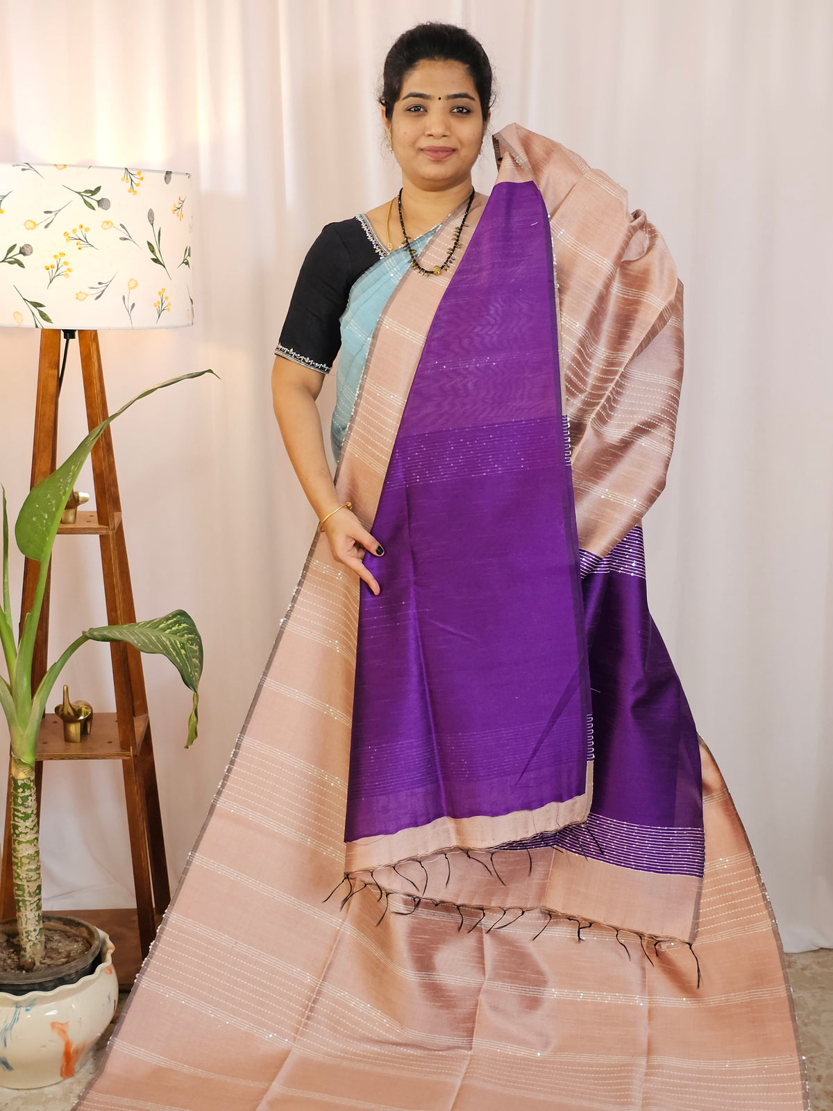 Raw Silk Saree - Onion Pink with Purple