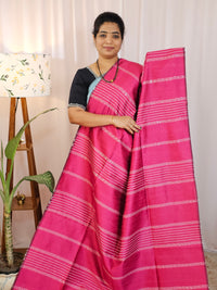Raw Silk Saree - Pink with Lime Green
