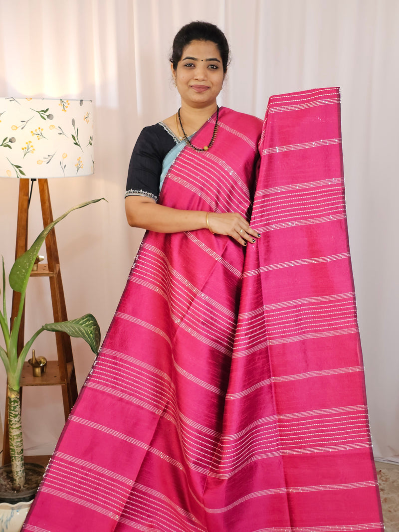 Raw Silk Saree - Pink with Lime Green