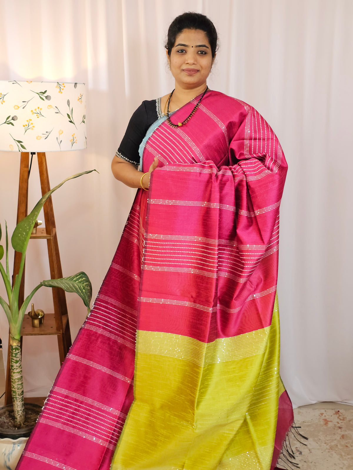 Raw Silk Saree - Pink with Lime Green