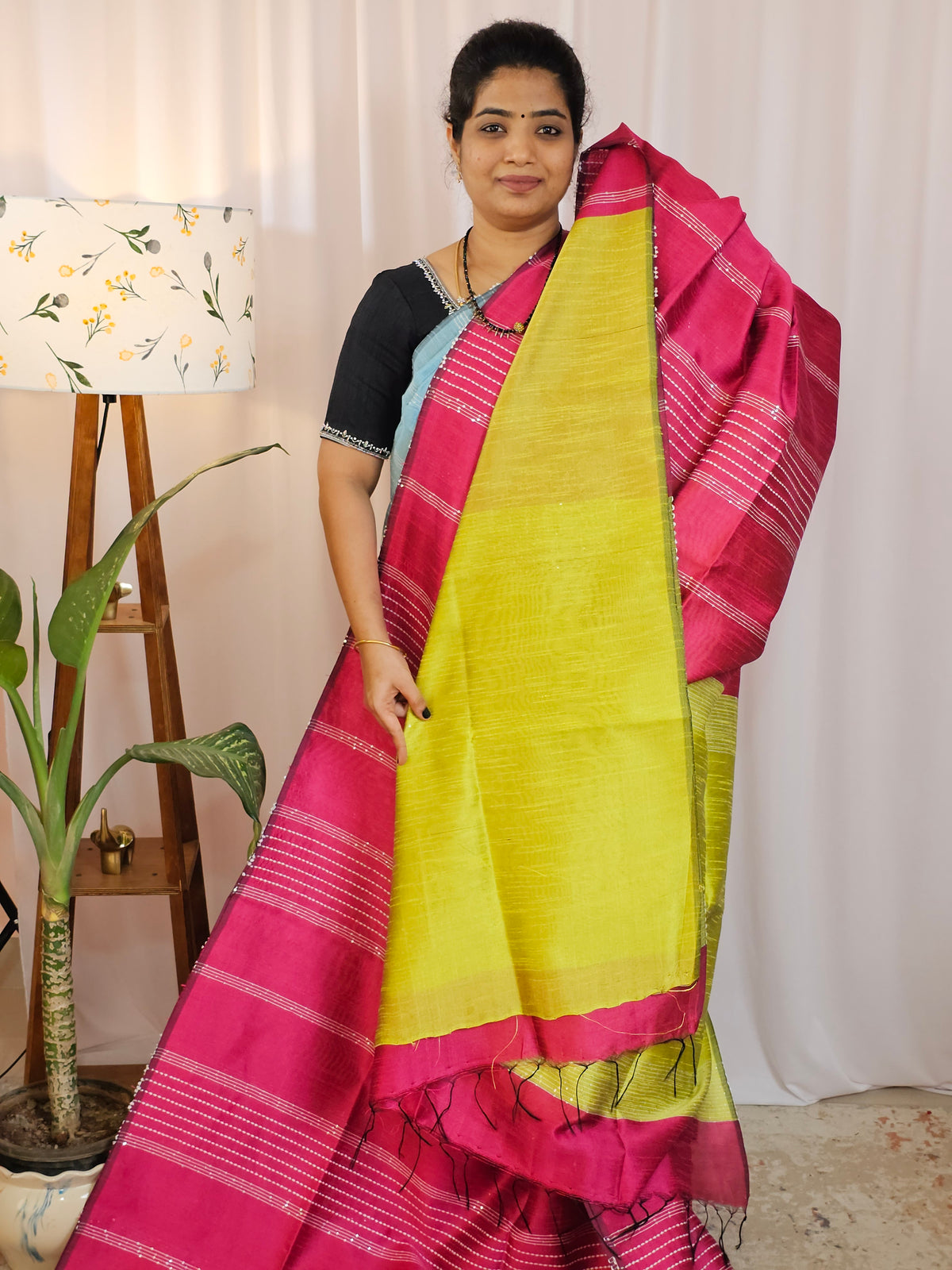 Raw Silk Saree - Pink with Lime Green