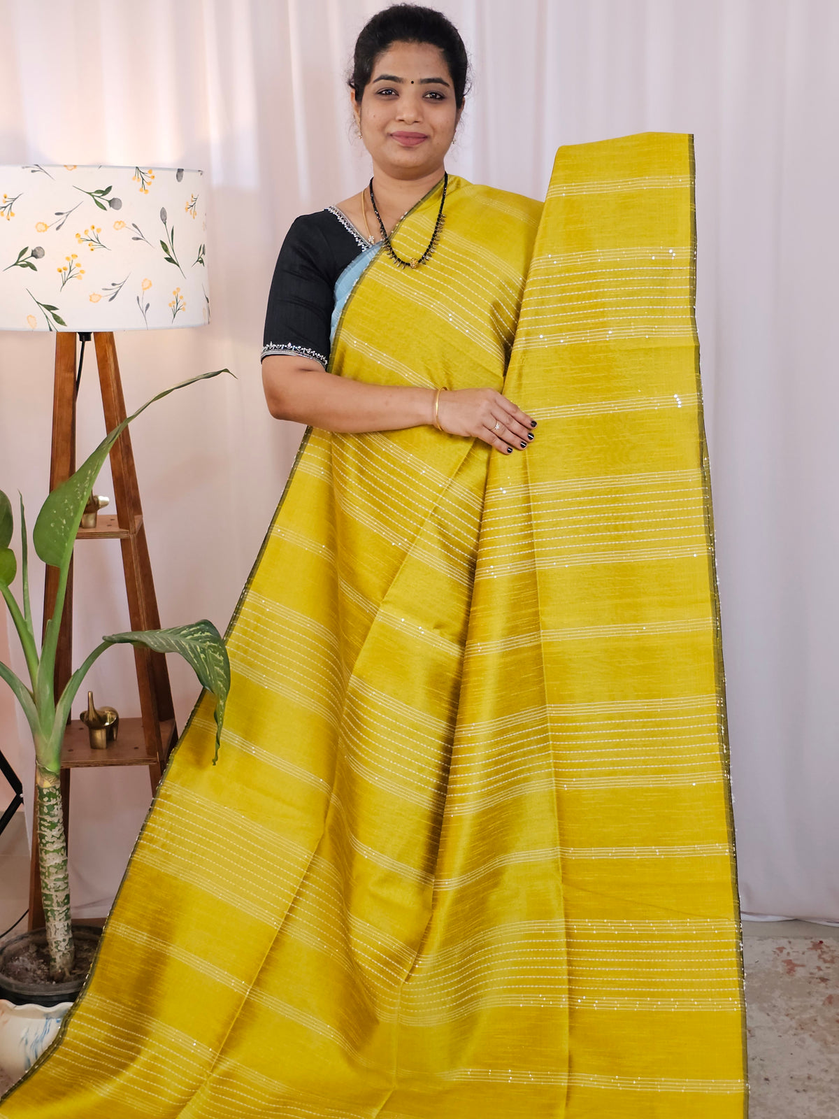 Raw Silk Saree - Yellow with Sea Green