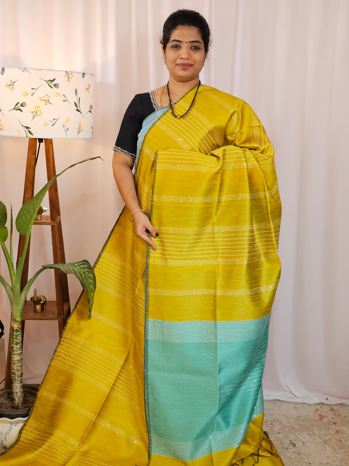 Raw Silk Saree - Yellow with Sea Green