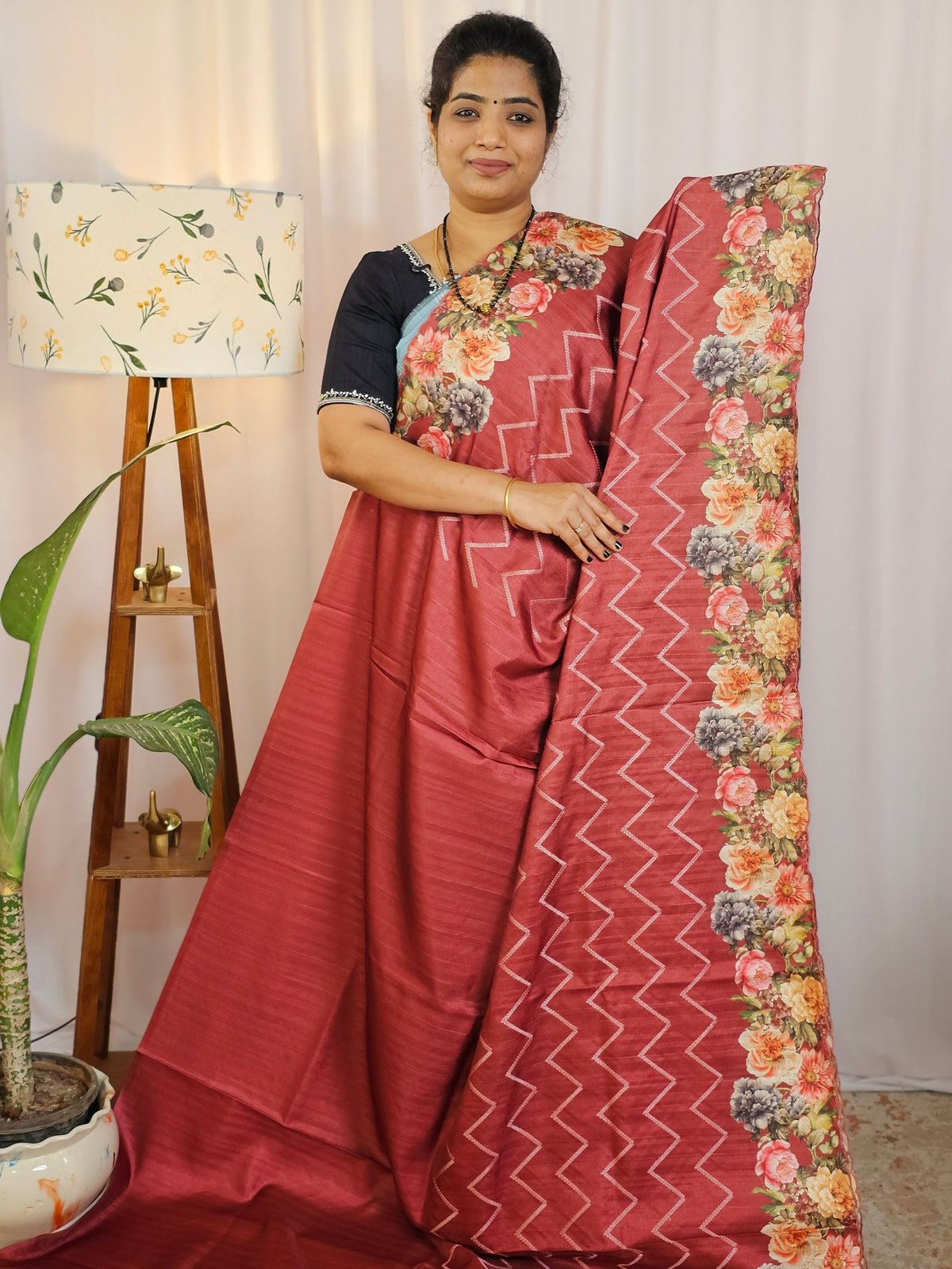 Casual Semi Tussar Floral Digital Prints - Maroon