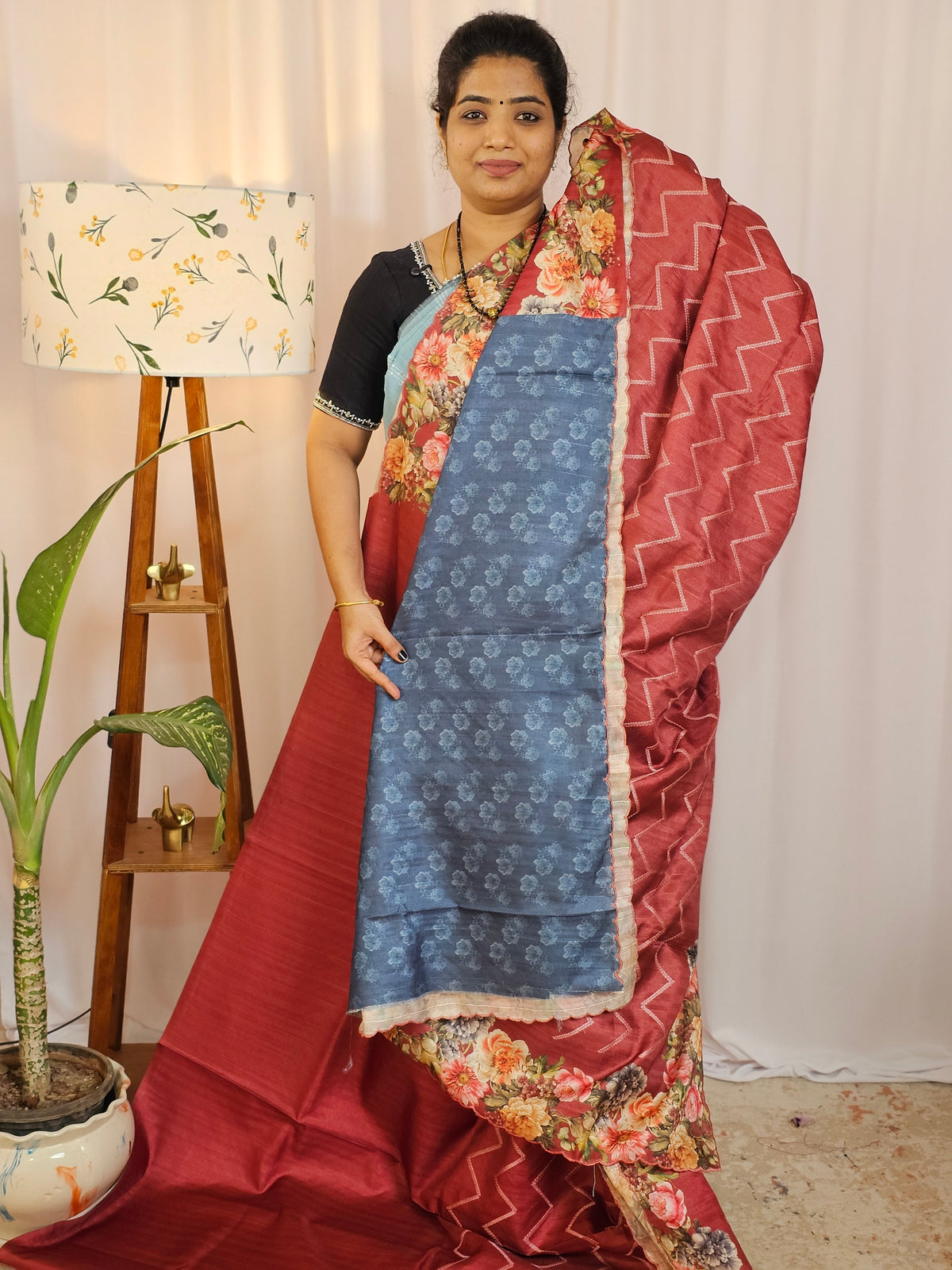 Casual Semi Tussar Floral Digital Prints - Maroon