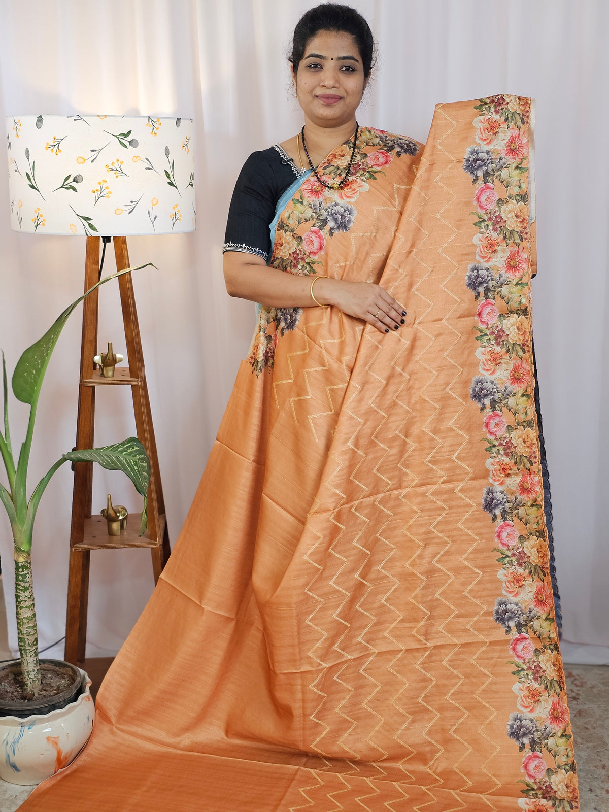 Casual Semi Tussar Floral Digital Prints - Orange