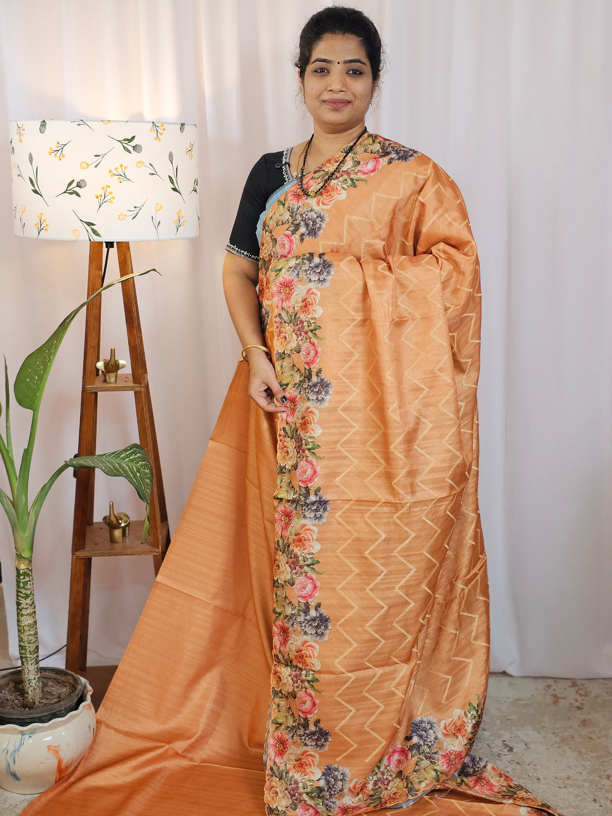 Casual Semi Tussar Floral Digital Prints - Orange